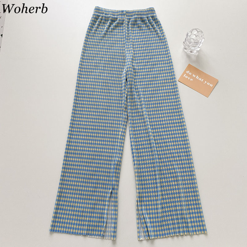 Plaid Casual Trousers Women Summer Korean Loose Elastic High Waist Wide-leg Pants Fashion Split Pleated Sweatpant 210519