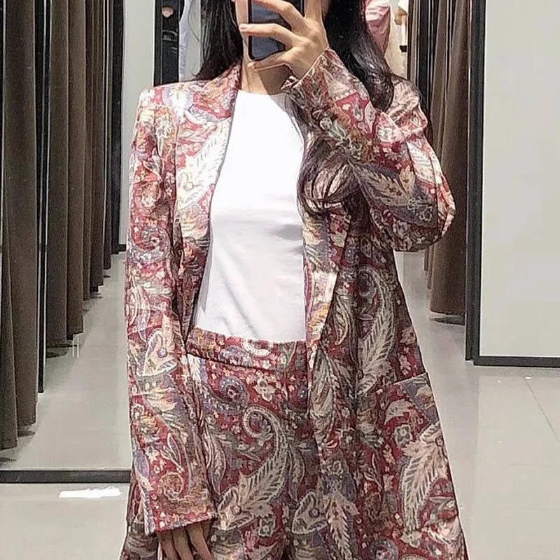 Vintage Long Sleeve Printed Blazer Women Office Wear Pockets Outwear Top Notched Collar Fashion Jacket Coats 210515