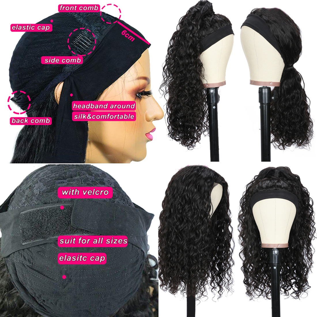 Fashion lady long curly hair Afro wig black water wave synthetic headband wigs