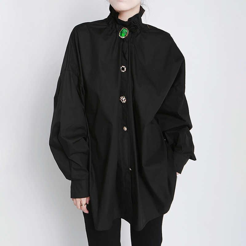 White Diamonds Button Shirt For Women Lapel Collar Long Sleeves Loose Oversized Shirts Female Fashion 210524