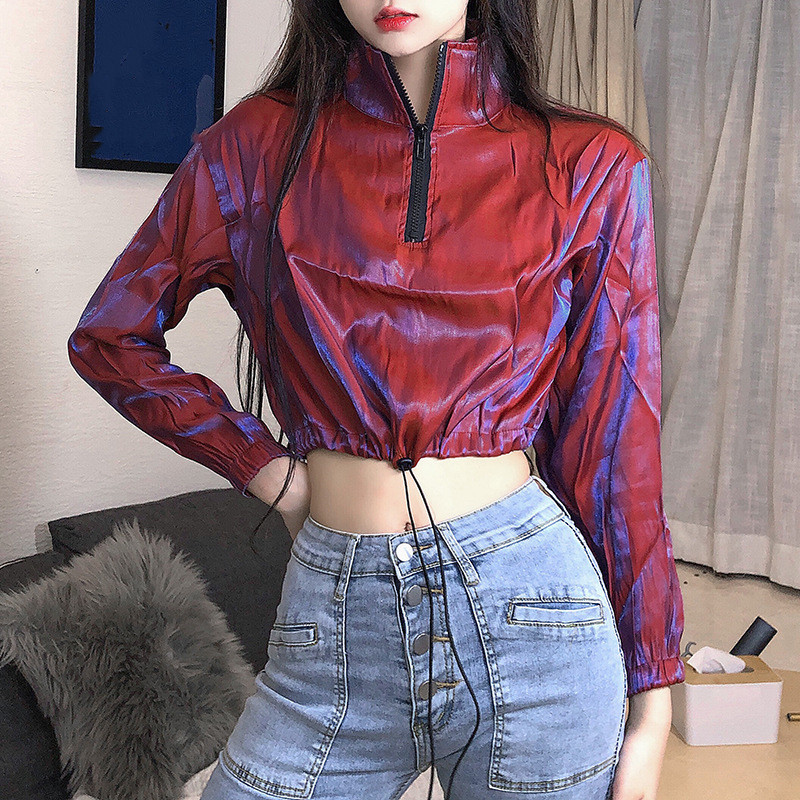 Nomikuma Korean Drawstring Cropped Hoodies Spring Zipper Stand Neck Women Sweatshirts Causal Long Sleeve Top Jumper 6F381 210427