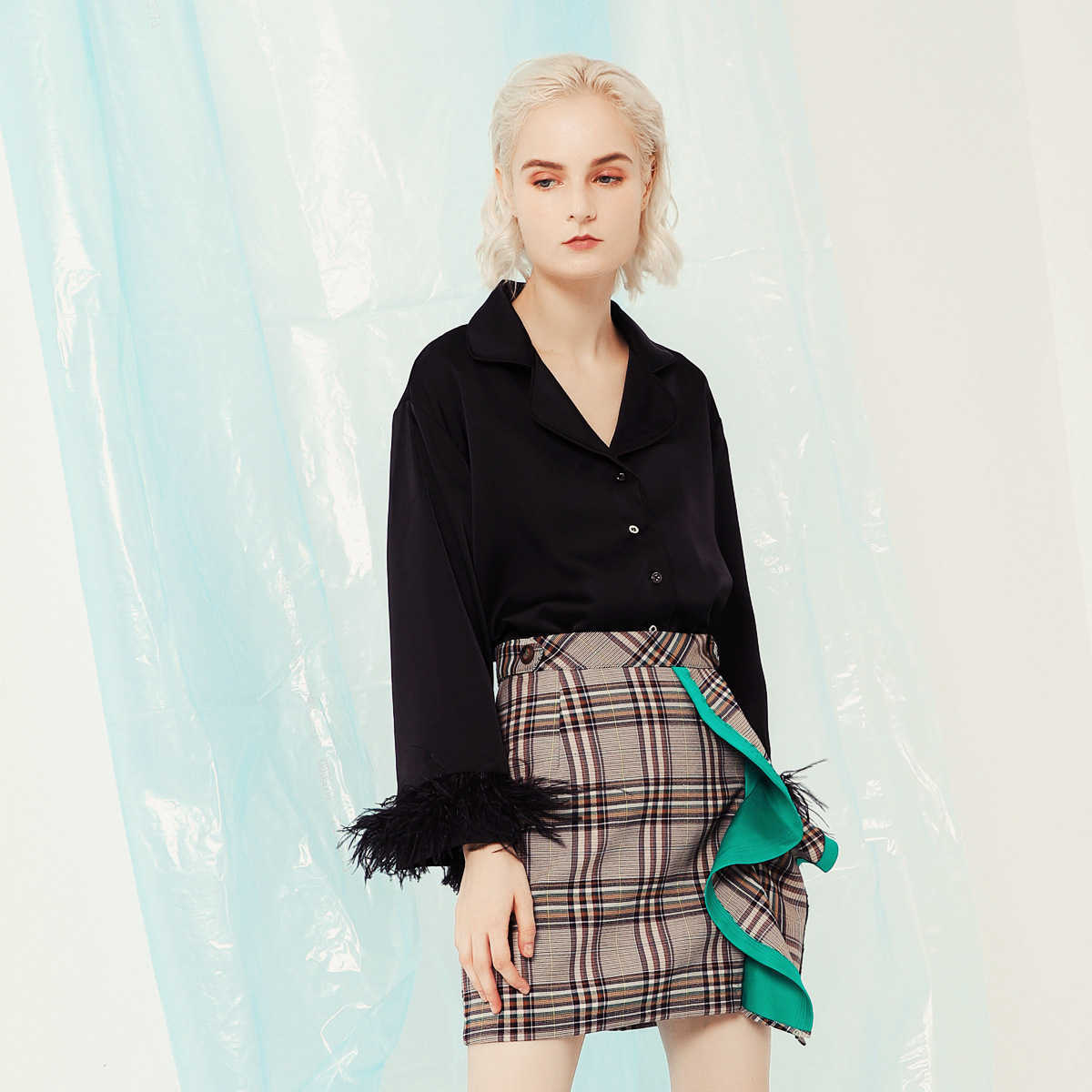 Office Lady Solid Feathers Patchwork Notched Pajamas Wind Shirt Jacket Blouse Women 210615Z