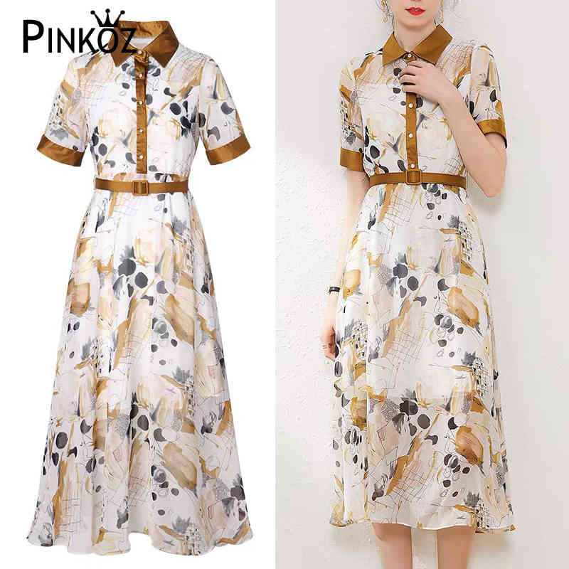 elegant turn down collar summer short sleeve high waist dress for women fashion printed single breasted A-line robe z 210421