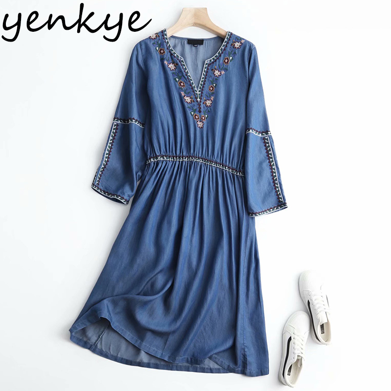 YENKYE Vintage Blue Denim Dress Women V Neck Long Sleeve Floral Embroidery Casual Summer Dress Plus Size Midi Vestido 210515