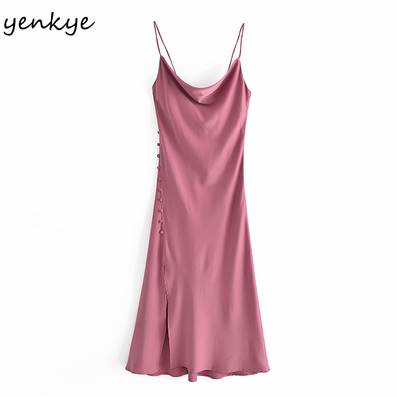 Summer Sexy Sling Dress Women Solid Color Satin Side Button Slits Long Female Night Out Vestido 210430