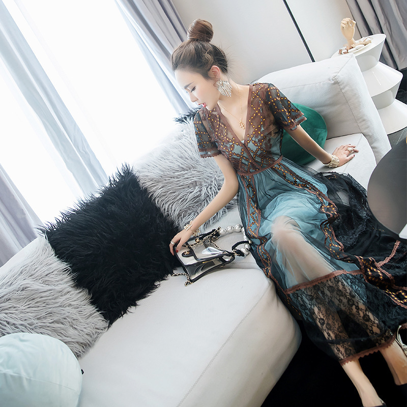 elegant long dress women femme blue embroidery short sleeve summer holiday robe dresses vestidos vintage fashion chic 210421