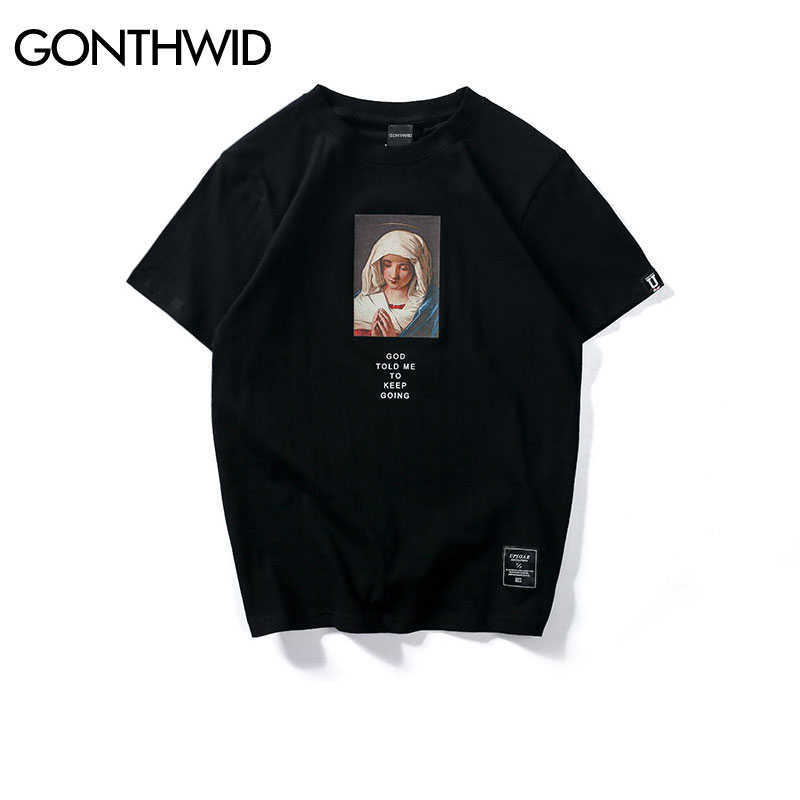GONTHWID Men's Virgin Mary Printed Short Sleeve T Shirts Summer Casual Cotton Hip Hopo Tops Tees Fashion Streetwear Tshirts 210629