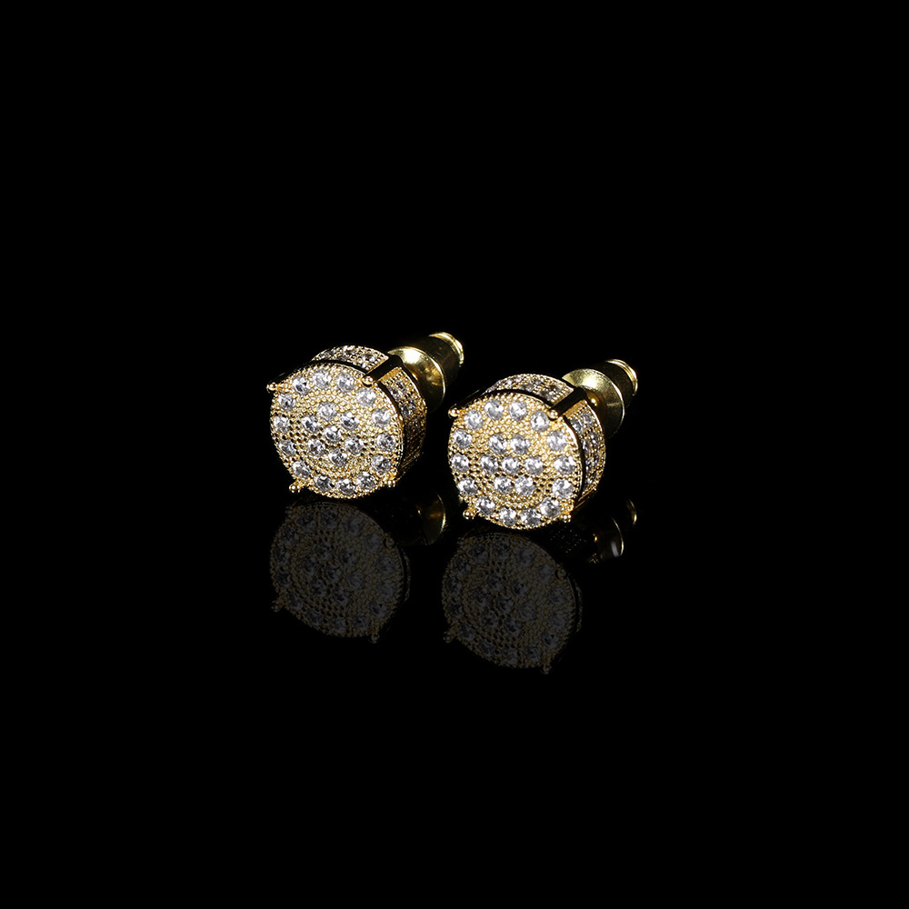 Hip Hop Round Stud Earring Bling 18K Real Gold Plated Prevent Allergy Earrings for Men Women Gift
