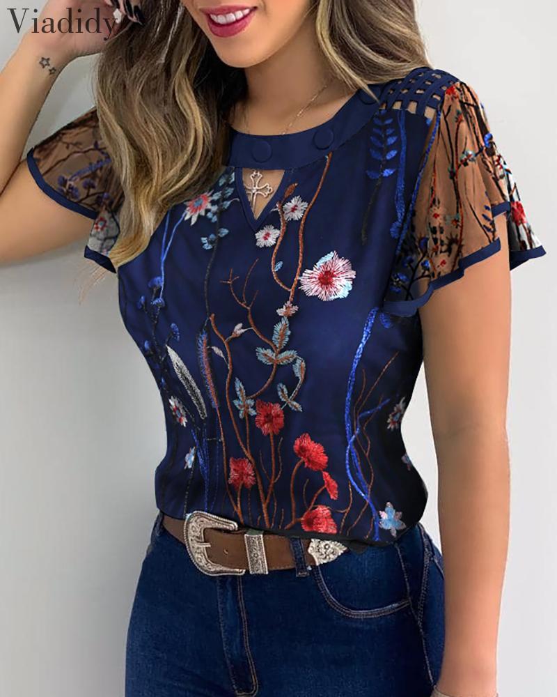 Women' Blouses & Shirts Women Floral Embroidery Sheer Hollow Out Blouse Short Sleeve Mesh Patchwork Cut Front Casual Top, Blue
Women' Blouses & Shirts Women Floral Embroidery Sheer Hollow Out Blouse Short Sleeve Mesh Patchwork Cut Front Casual Top, Blue
