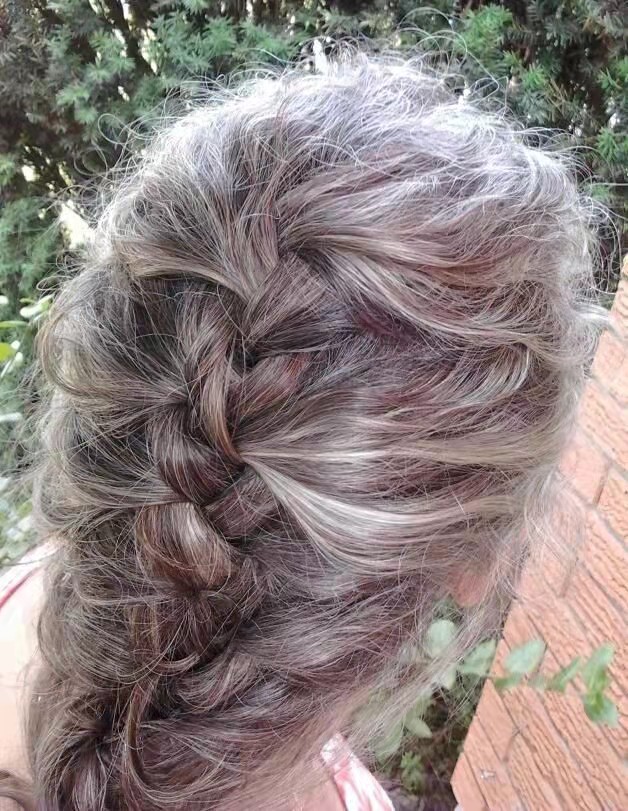 10A Gray Grey silver ashy salt and pepper human hair ponytail with loose french braid hairpiece undo bun extension drawstring wraps 120g