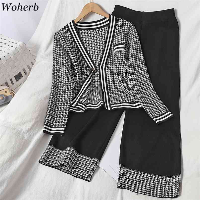 Elegant Women Two Pieces Set Vintage Plaid Cardigan Wide Leg Pants Korean Conjuntos Lady Suit Fashion 2 Sets 210519