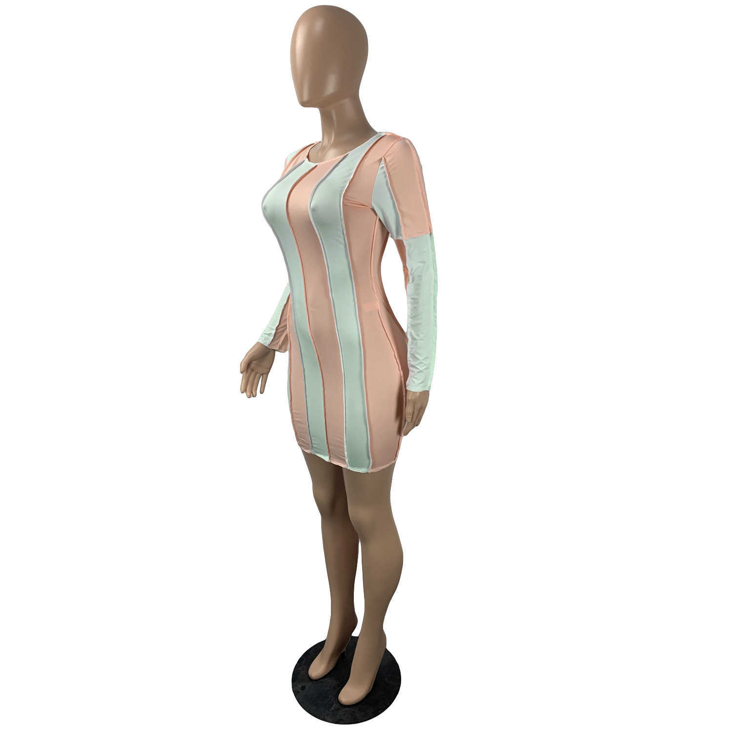 Women Long Sleeve Colorblock Patchwork Dress Sexy Slim Bodycon Mini Dresses 210702