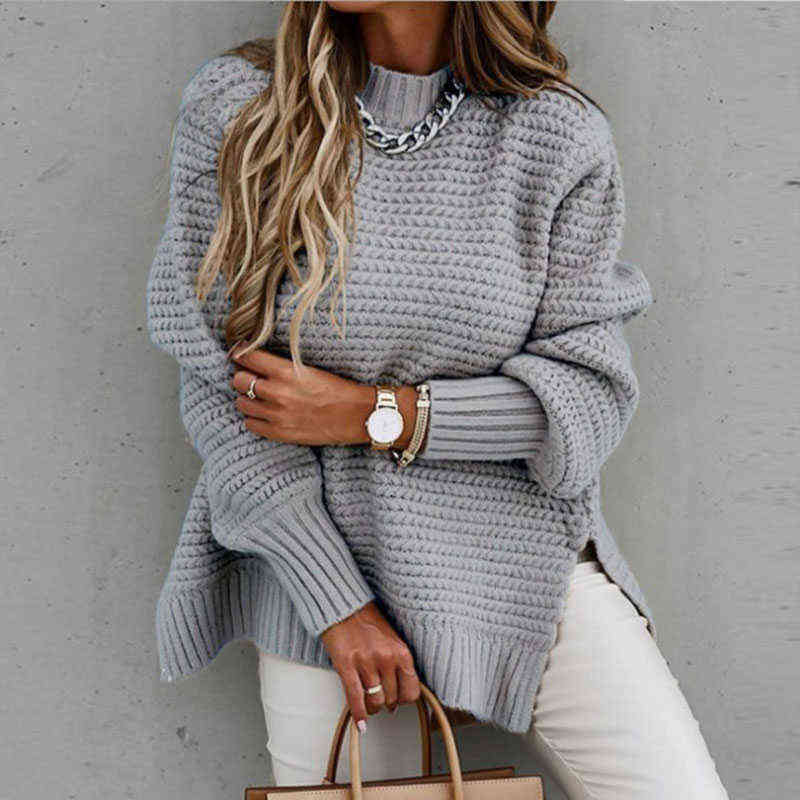 Autumn Winter Women Knitted Sweater Mock Neck Casual Loose Basic Pullovers Warm Elegant Solid Batwing Sleeve Side Split Tops 211123wtt
