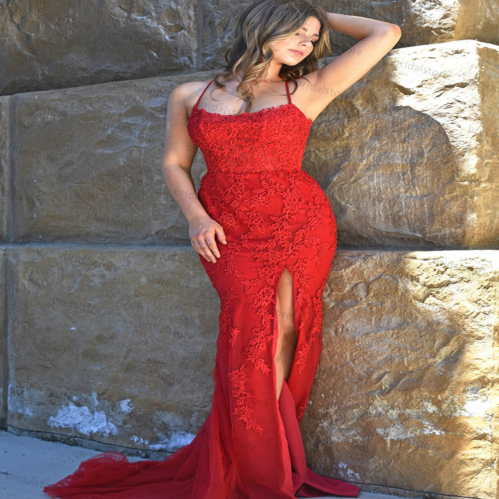 Gorgeous Red White Mermaid Lace Evening Dress 2021 With Slit Cross Backless Plus Size Prom Dresses Sweep Train Formal Gowns Vestido Largo Fiesta Robe 