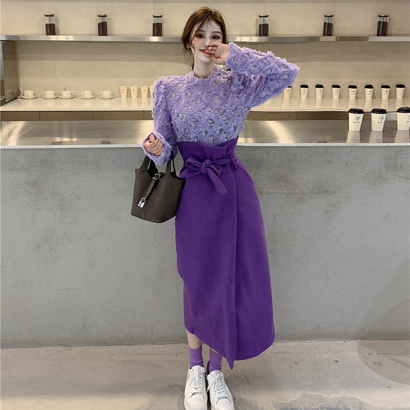 Chic Korean Spring Purple Lace Blouse Top Slim High Waist Bow Up Split Skirts Fashion Vintage Temperament Gentle Sets 210510