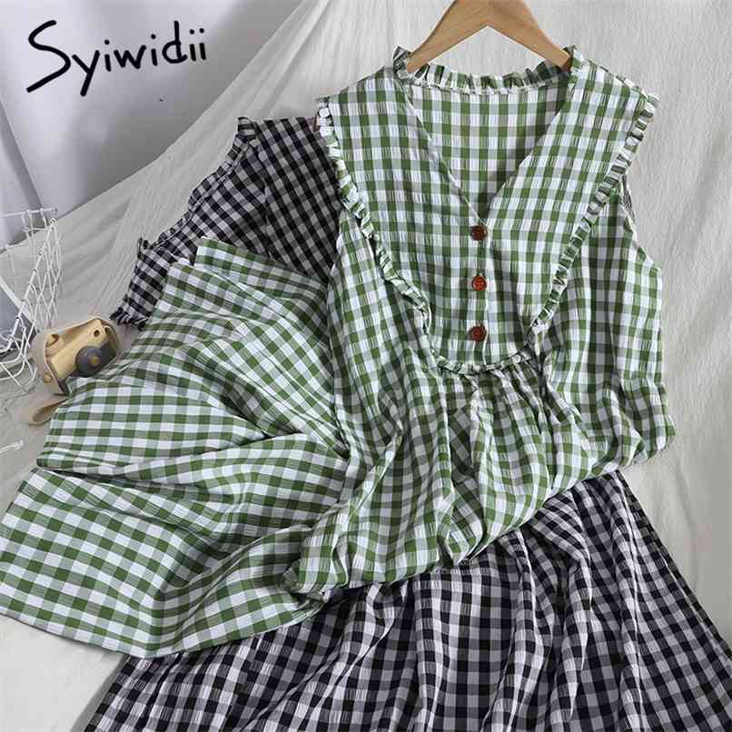 Plaid Ruffles High Waist Tank Dresses Women V-Neck Sleeveless A-line Breasted Summer Korean Fashion Clothing 210607, Green
Plaid Ruffles High Waist Tank Dresses Women V-Neck Sleeveless A-line Breasted Summer Korean Fashion Clothing 210607, Green