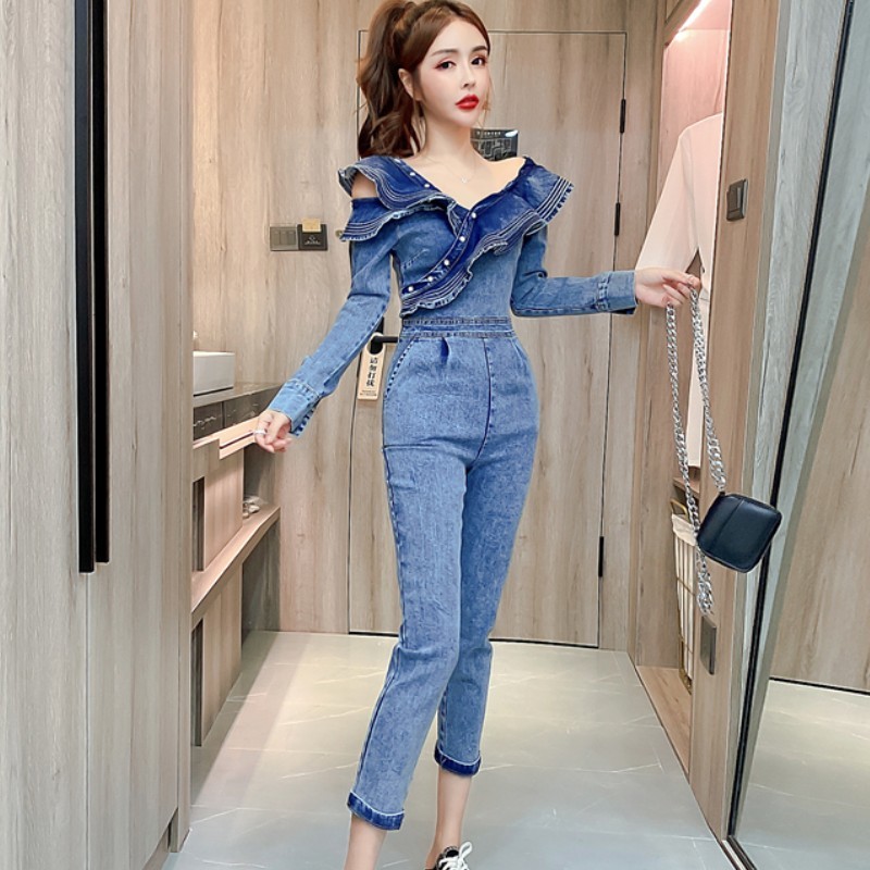 Fashion Women Vintage Bodysuit High Waist Bodycon Rompers Zipper Ruffles Woman Off Shoulder Denim Overalls Jumpsuit 210519
