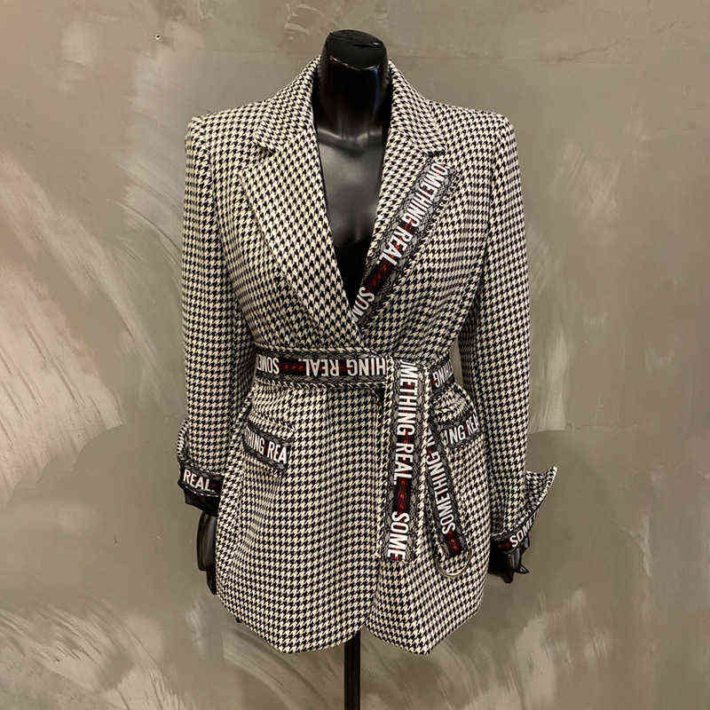 Autumn and Winter Lace-up Houndstooth Woolen Blazer Women's Loose Grid Retro Small Suit Wool Coat Ladies 211122