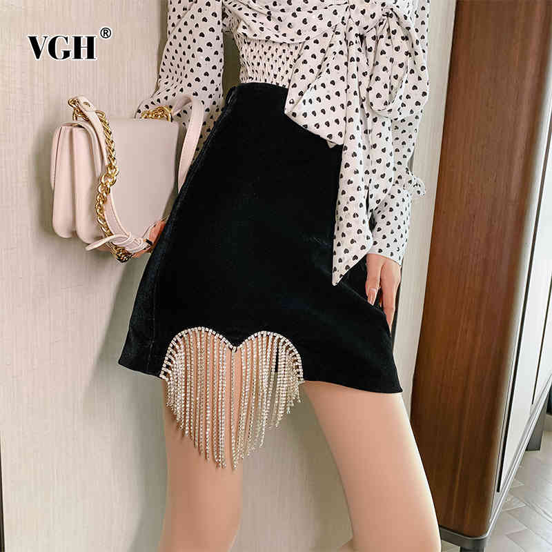 VGH Black Sexy Skirt For Women High Waist Patchwork Diamonds Tassel A Line Casual Mini Dresses Female Korean Summer Fashion 210421
