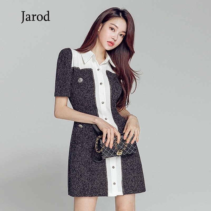 Autumn Women's Tweed Hit color patchwork Turn down collar Short Sleeve Mini Dress Bodycon Elegant Chic Vestido 210519