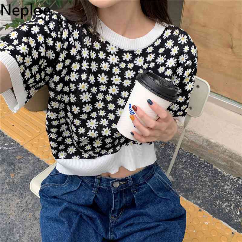 Neoloe Cropped Sweater Tops Puff Sleeve T Shirts Knit Sweater Shirt Women Clothes Vintage Print Korean Tshirt Summer Tees 210422