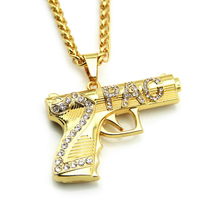 Pendant Necklaces Hip Hop Rhinestones Paved Bling Iced Out 2 PAC GUN Pendants Necklace For Men Rapper Jewelry Gold Silver Color Drop