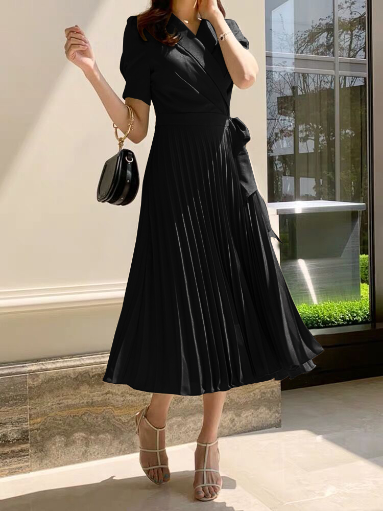 Women's fashion Notched Neck Pleated Dress Draped Lace Up Bow Midi Dresses OL Elegant Work Wear Business Vestidos 210518