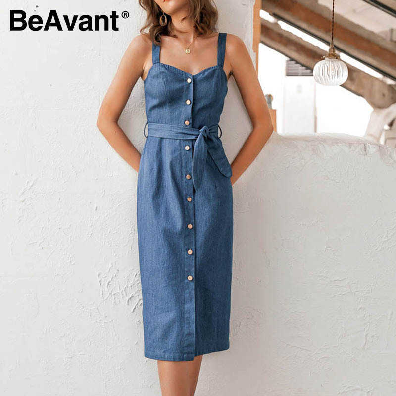 BeAvant Sexy strap long denim dress women Vintage button front bow belt summer dresses Spring ladies office dress female 210709