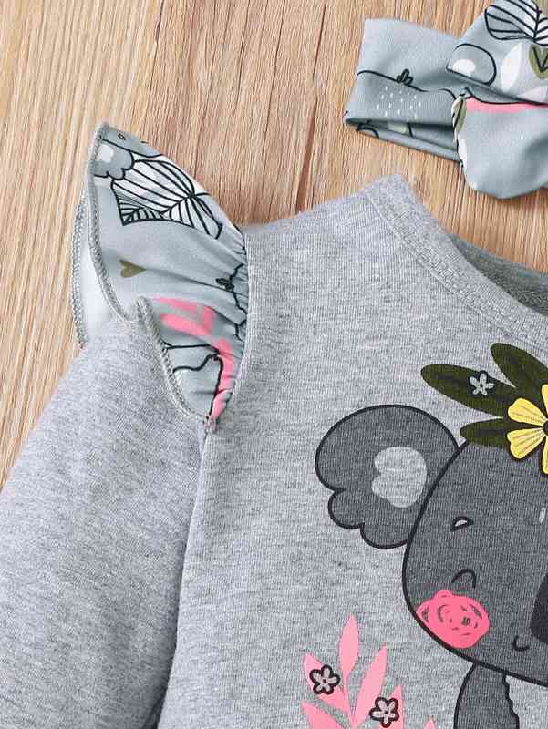 Baby Koala And Floral Print Ruffle Trim Pullover & Sweatpants With Headband SHE