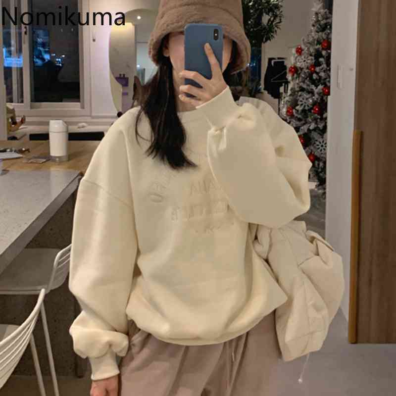 Nomikuma Korean Letters Embroidery Pullover Sweatshirt Causal Long Sleeve O-neck Hoodies New Fleece Women Jumper 6D820 210427