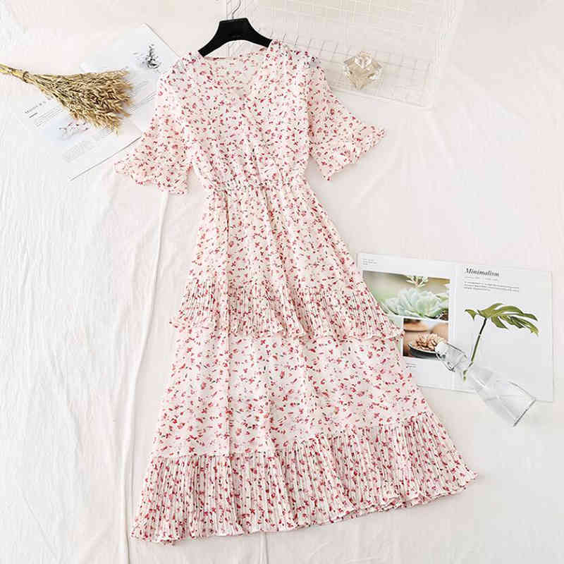 Summer Dress Women Slim Vintage Floral Print Chiffon Long Dress Female Casual Ruffles Pleated Dress Party Vestidos 210521