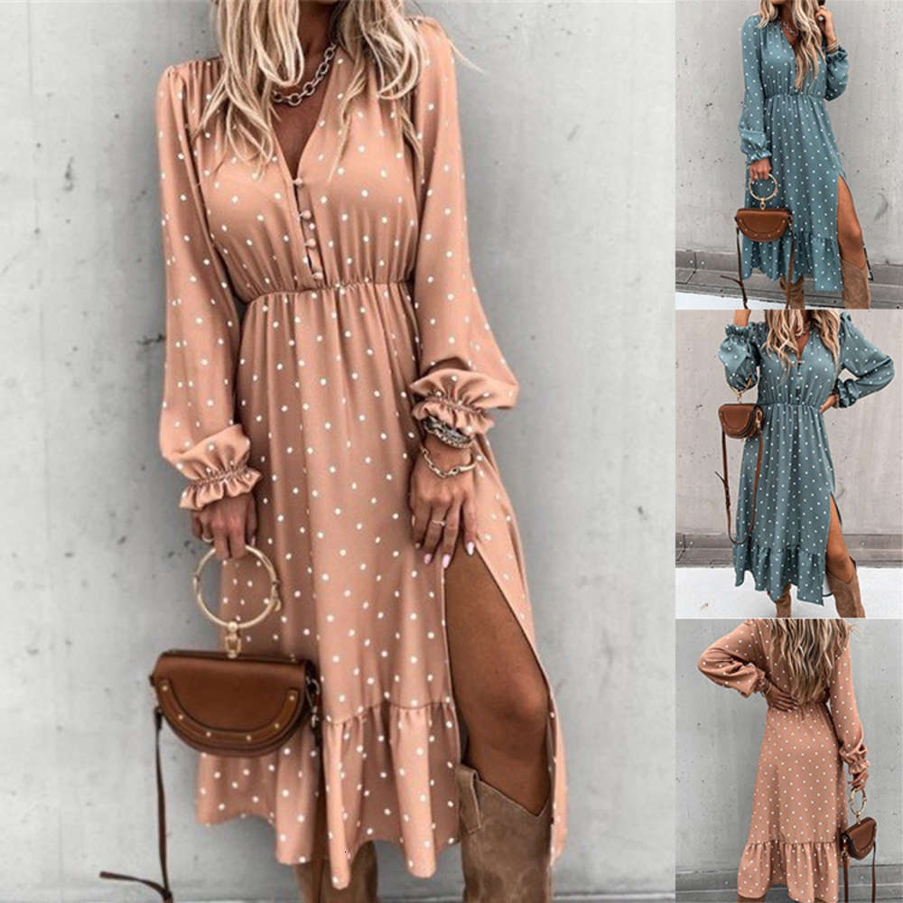V-neck button polka dot print long sleeve close waist dress, Black;gray