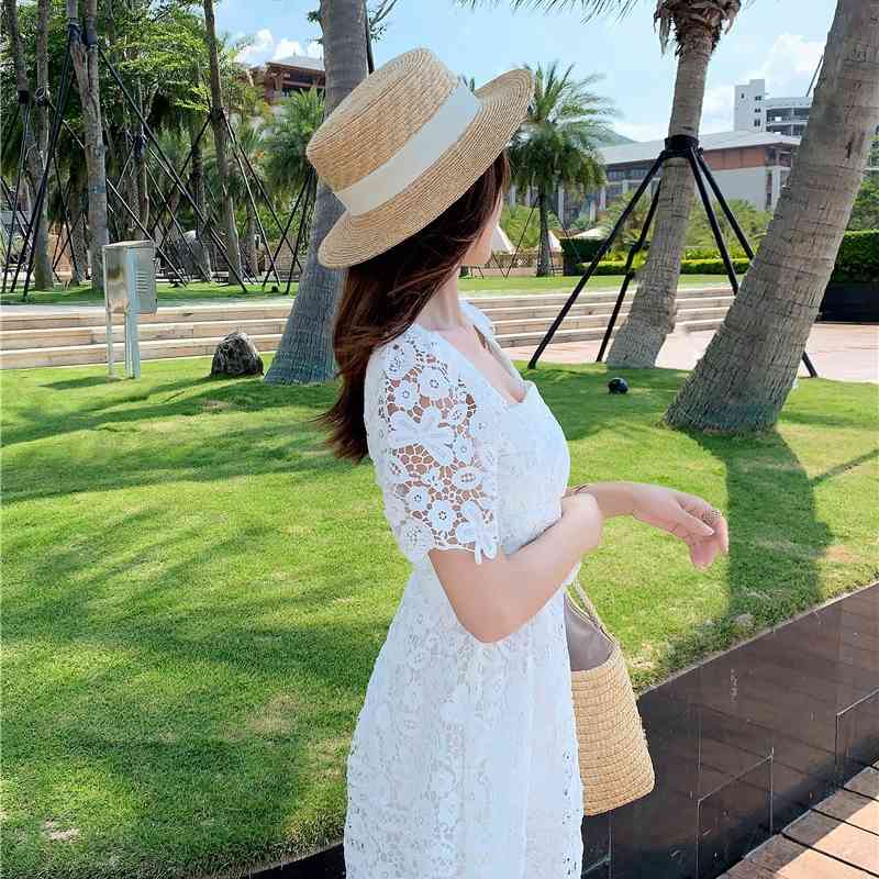 Sexy Lace Woman Dress Summer Square Collar Short Sleeve Dresses Party Club Vestido White Fashion 210520