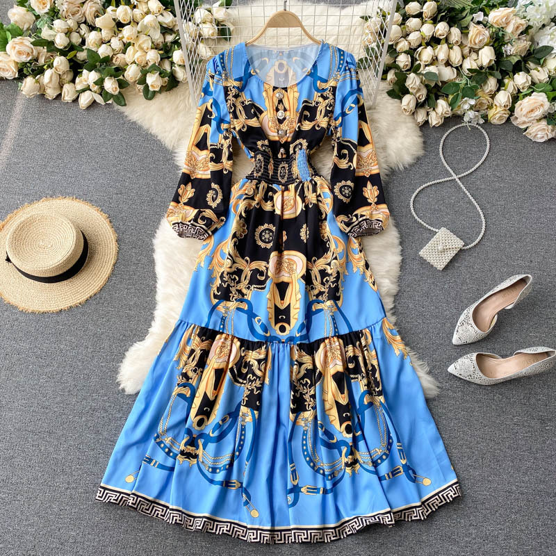 Spring Elastic Ruched Vacation Long Dress Boho Retro Print Maxi Dress Women O Neck Puff Sleeve A-line Ruffles Dresses 210521