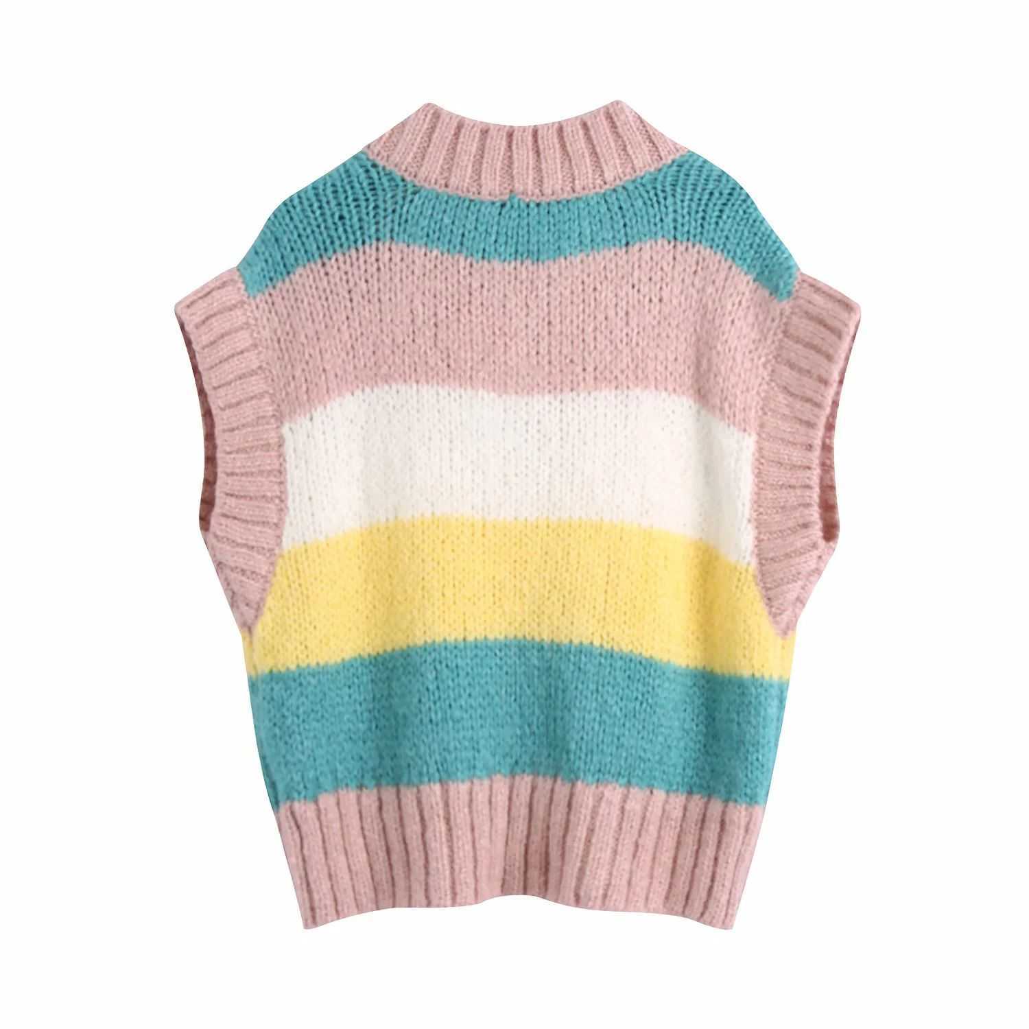 Fall Winter Women Knit Sweater Vest V-Neck Sleeveless Casual Fashion Striped Woman Sweaters Pullovers Tops 210709