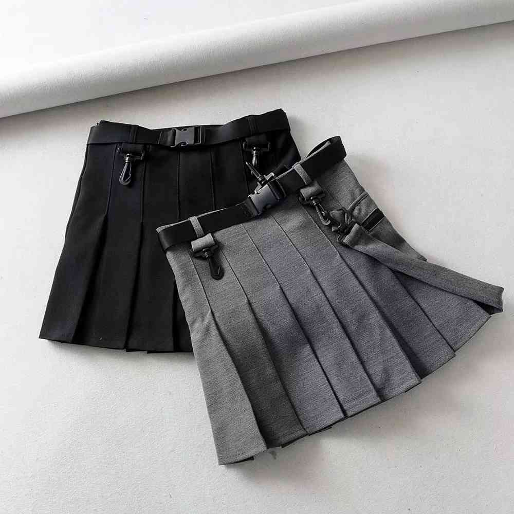 Vintage Belt black Pleated skirts womens pocket high waist Streetwear office mini korean faldas 210521