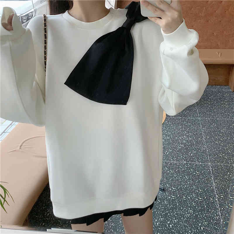 Nomikuma Korean Sweet Hit Color Bowknot Patchwork Sweatshirt Causal Long Sleeve Women Hoodies Autumn Winter Jumper 6C972 210427