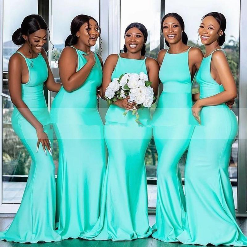 2021 Simple African Elegant Mint Green Mermaid Bridesmaid Dresses Satin Pleats Floor Length Formal Maid Of Honor Wedding Guest Dress Custom Made