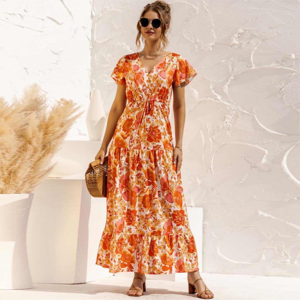 Women Boho Maxi Dress Summer V Neck Floral Print Lace Up Button Long Dresses Fashion Short Sleeve Ruffles Beach Female Robe 210522