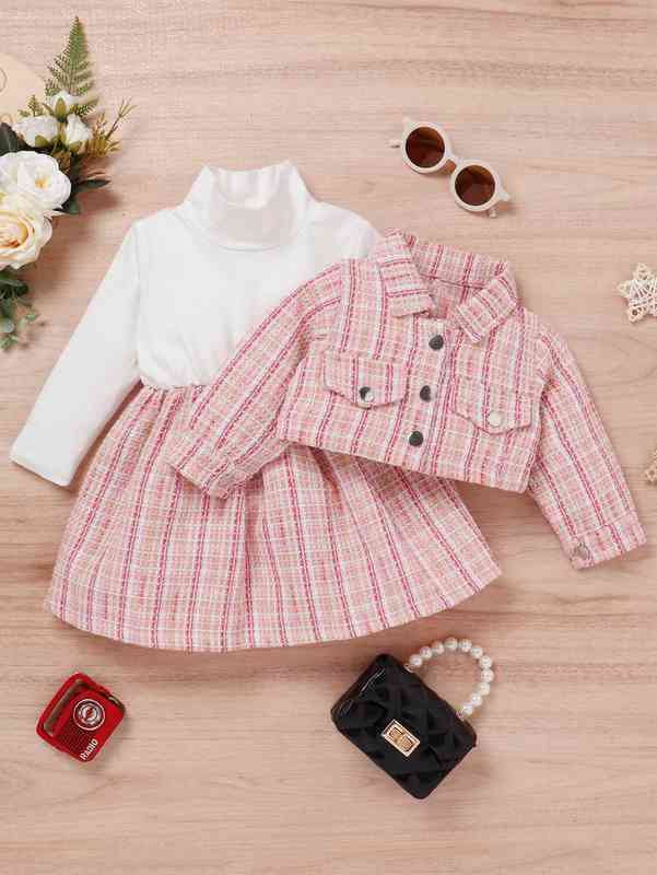 Baby Mock Neck Plaid Tweed Dress & Flap Detail Jacket SHE