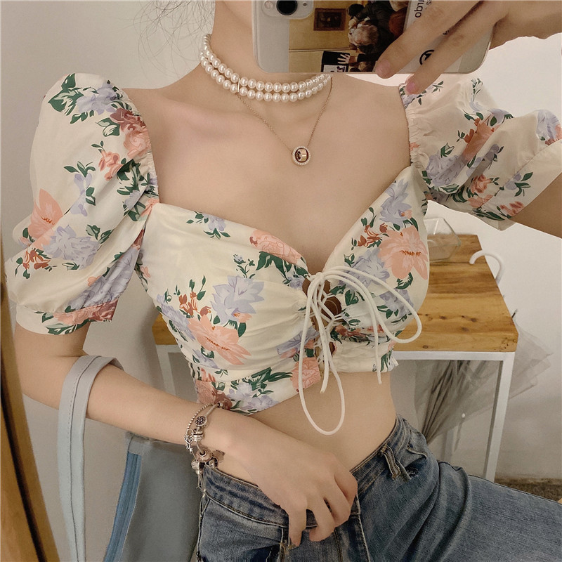 Sexy Summer Fashion Elegant Sweet Square Neck Puff Short Sleeve Floral Print Blouse Women Lace Up Shirts Blusas De Mujer 210429