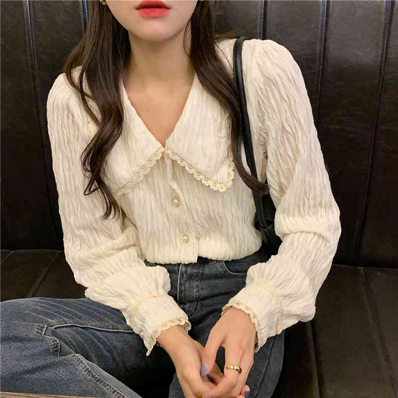 Comelsexy Women Chic Blouse Folds Solid Femme Gentle Shirts Office Lady High Waist Streetwear Long Sleeves Tops 210515