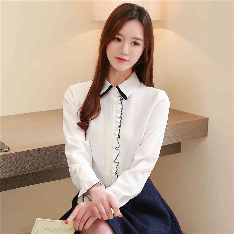 Solid White Shirts Women Blouses Autumn Loose Long Sleeve Fashion Doll Collar Office Lady Blusas Mujer 10756 210506