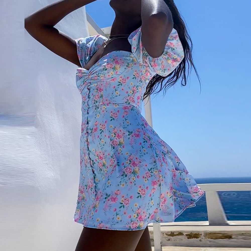 Floral Print Dress Women Summer Sundress Female Robe French Square Collar Puff Sleeve Boho Beach Holiday Sexy Mini Dresses 210630