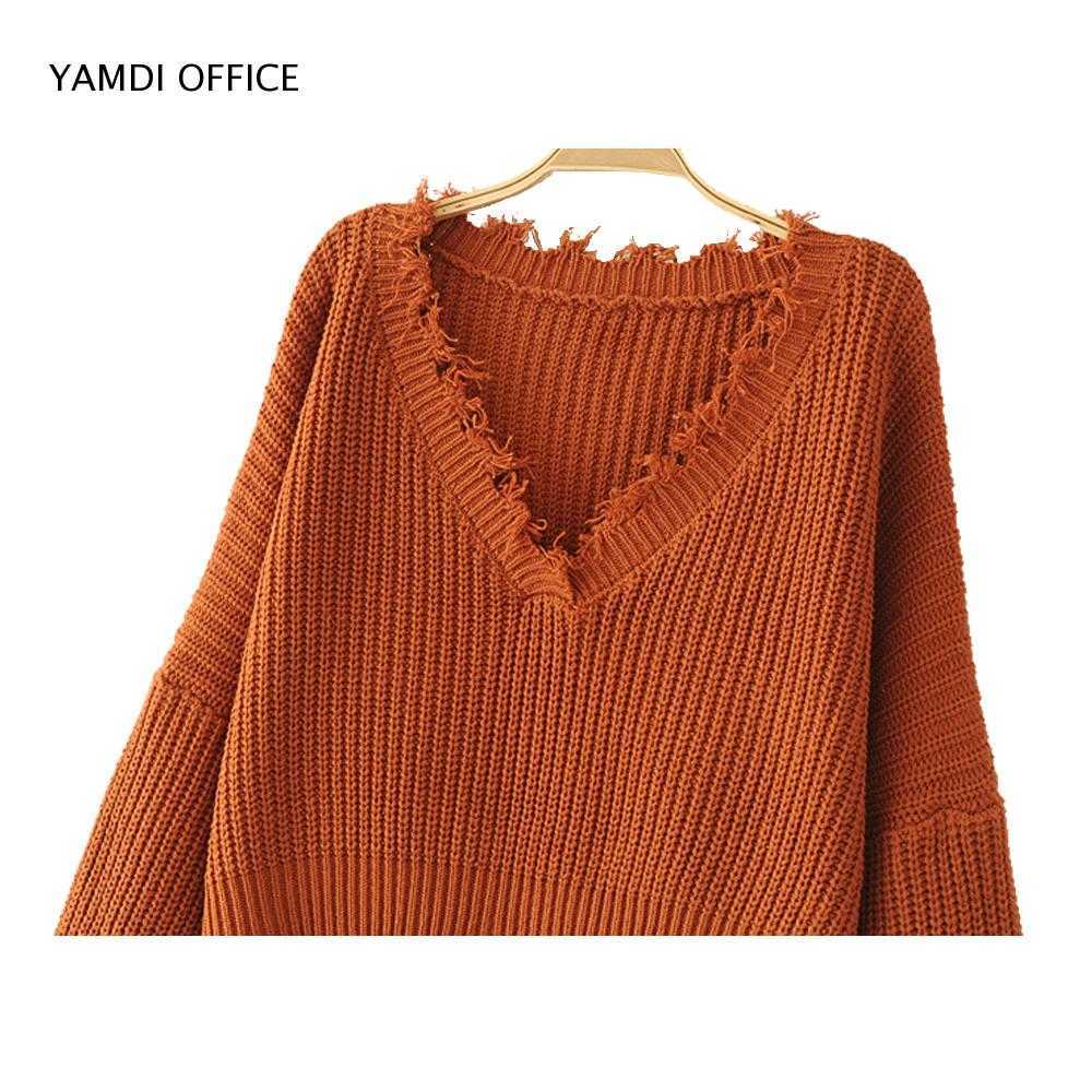 YAMDI women tassel sweater autumn winter solid orange white black sweaters cropped jumpers v neck sexy knitted pullover 211007