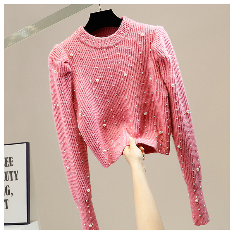 New design womens o-neck luxury design beading puff long sleeve knitted sweater tops jumpers