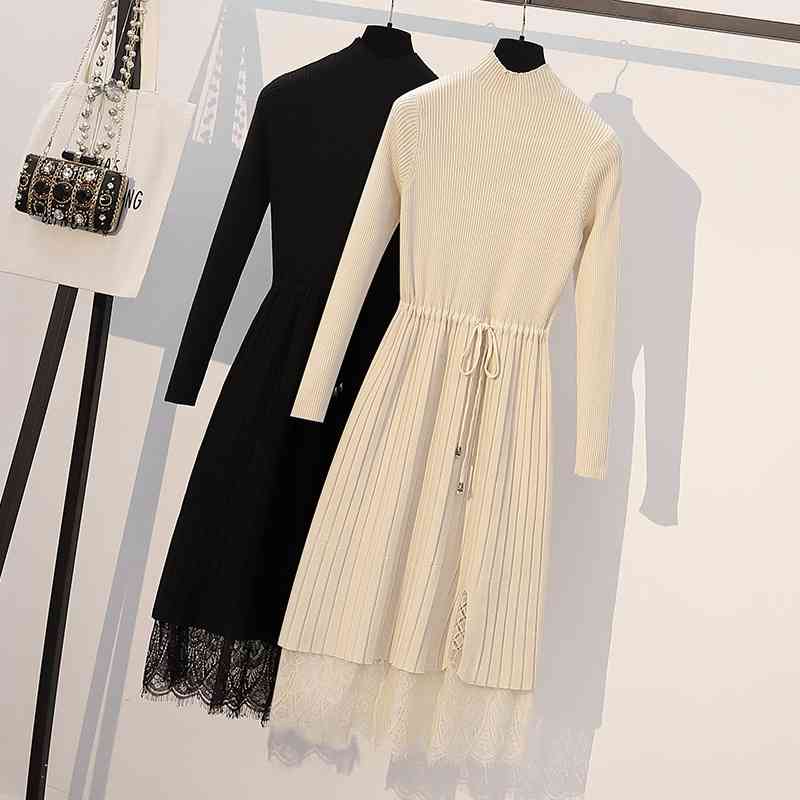 Plus Size Women Knitted Office Lace Dress Autumn Winter V-neck Warm es for Drawstring Midi Female Sweater 210603, Black 
Plus Size Women Knitted Office Lace Dress Autumn Winter V-neck Warm es for Drawstring Midi Female Sweater 210603, Black
