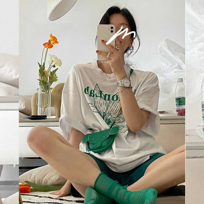 Korejpaa Women T-Shirt Summer Korean Chic All-Match Round Neck Plant Sketch Letter Printing Contrast Color Loose Pullover 210526
