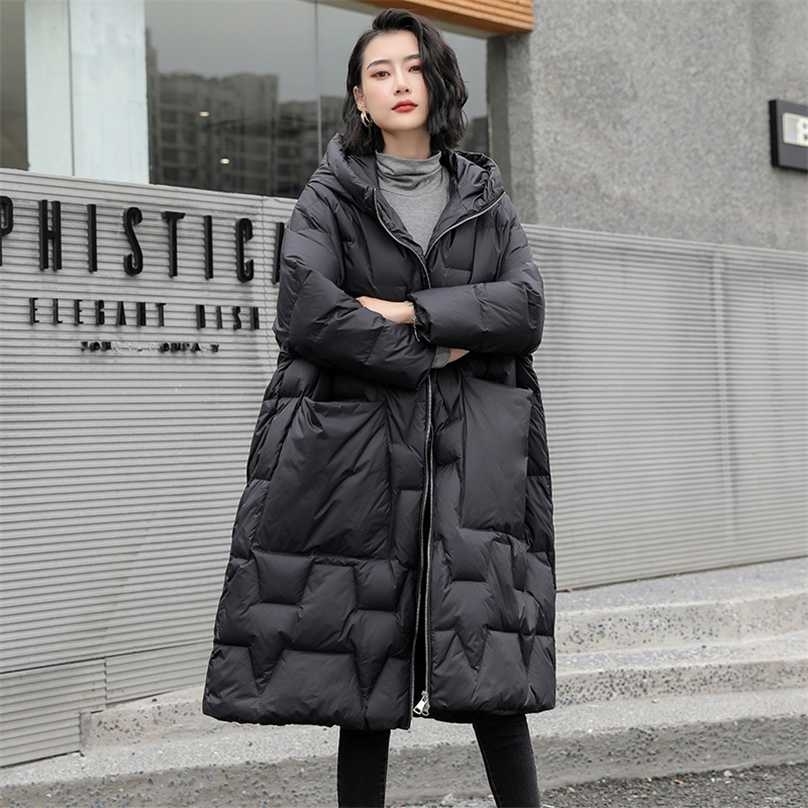 Ailegogo Winter Women Hooded Loose Thick Warm 90% White Duck Down Long Parkas Casual Female Zipper Pocket Coat Snow Outwear 211013
