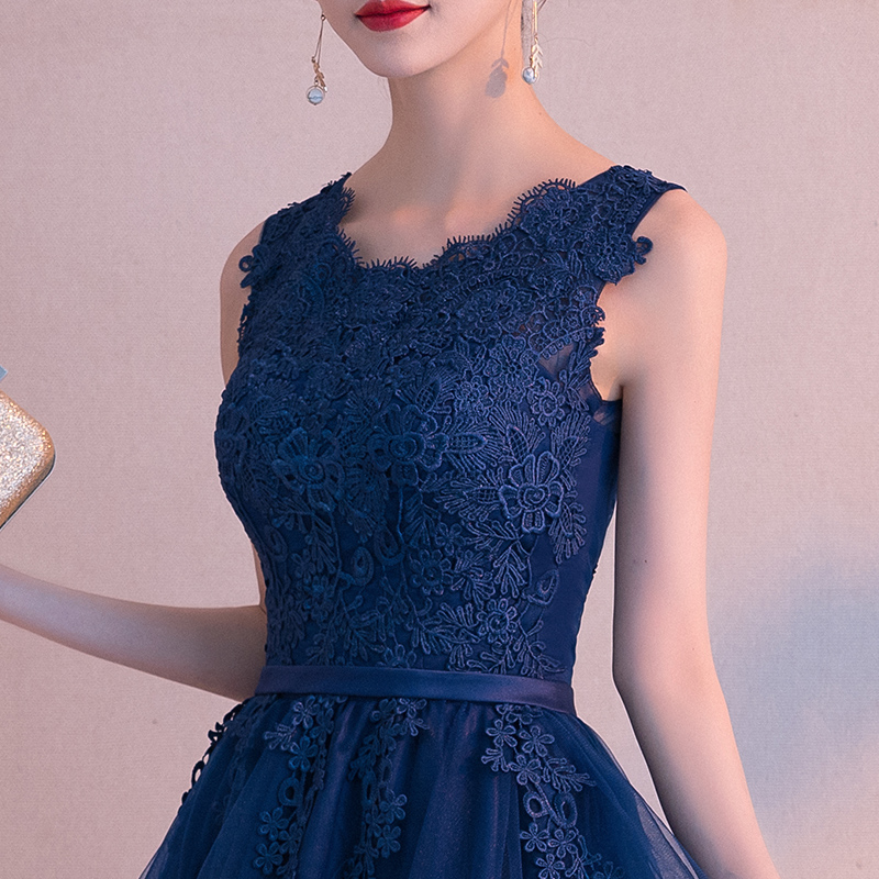 Robe de evening dress soiree Navy Blue O-Neck Sleeveless lace vestido de festa Short Front Long Back Party Dresses